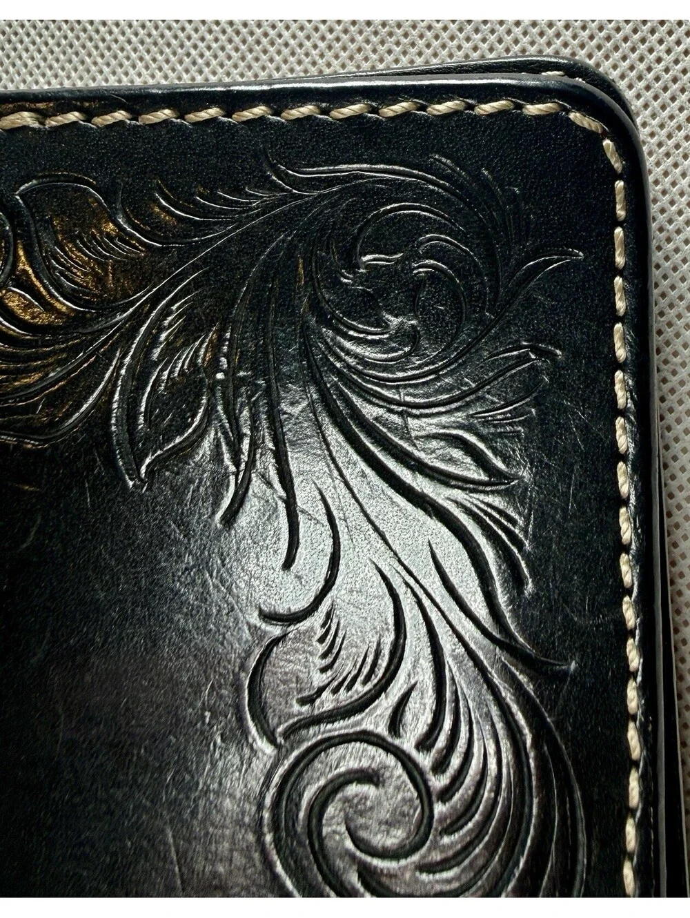FUNNY Japan Vintage Hand Carved Black Leather Mid Wallet Western Tooled Biker